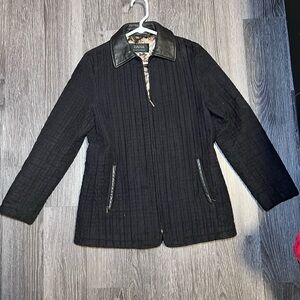 Dana Buchman Black Quilted Genuine Leather Trim Collar Zip Mid-Length Coat M